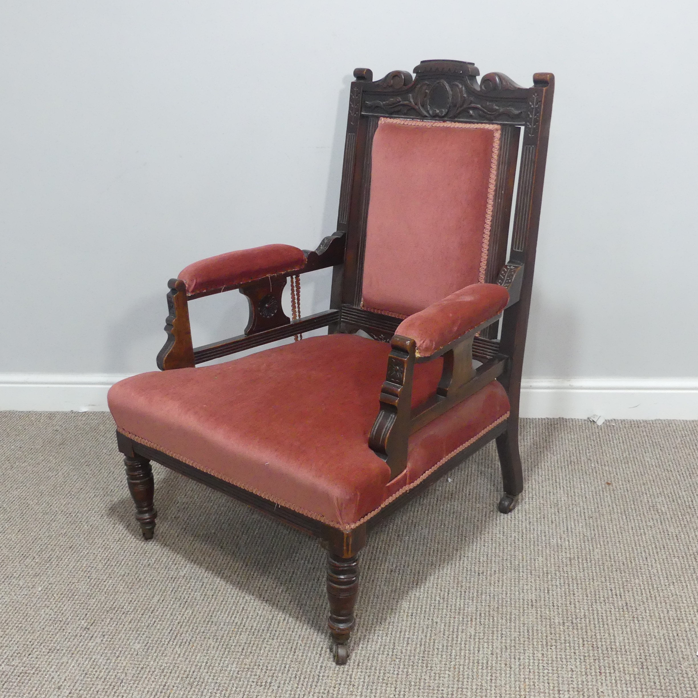A Victorian upholstered mahogany open Armchair,W 70cm x H 95cm x D 65cm. - Bild 2 aus 7