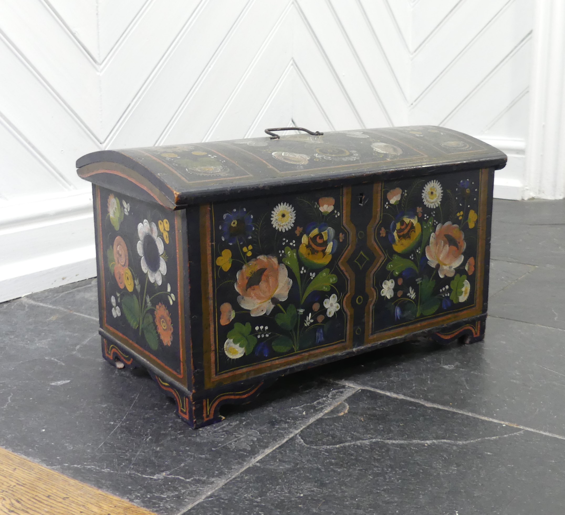 A decorative Bargeware painted domed Trunk, of a small size, W 45cm x H 26cm x D 24cm, together with - Image 2 of 10