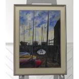 20th/21st century school, Fishing boat beside a quay, acrylic on board, 60cm x 43cm, framed,