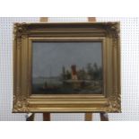 William Raymond Dommersen (Dutch, 1850-1927), Figures in a boat in Dutch river landscape, oil on