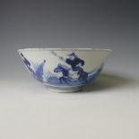 An antique Chinese blue and white Bowl, depicting warriors on horseback and the interior with floral