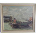 H. W. Cater (20th century), Tugs and figures at work in a dockyard, oil on board, signed lower