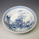 An antique English chinoiserie blue and white Punch Bowl, the interior decorated with underglaze