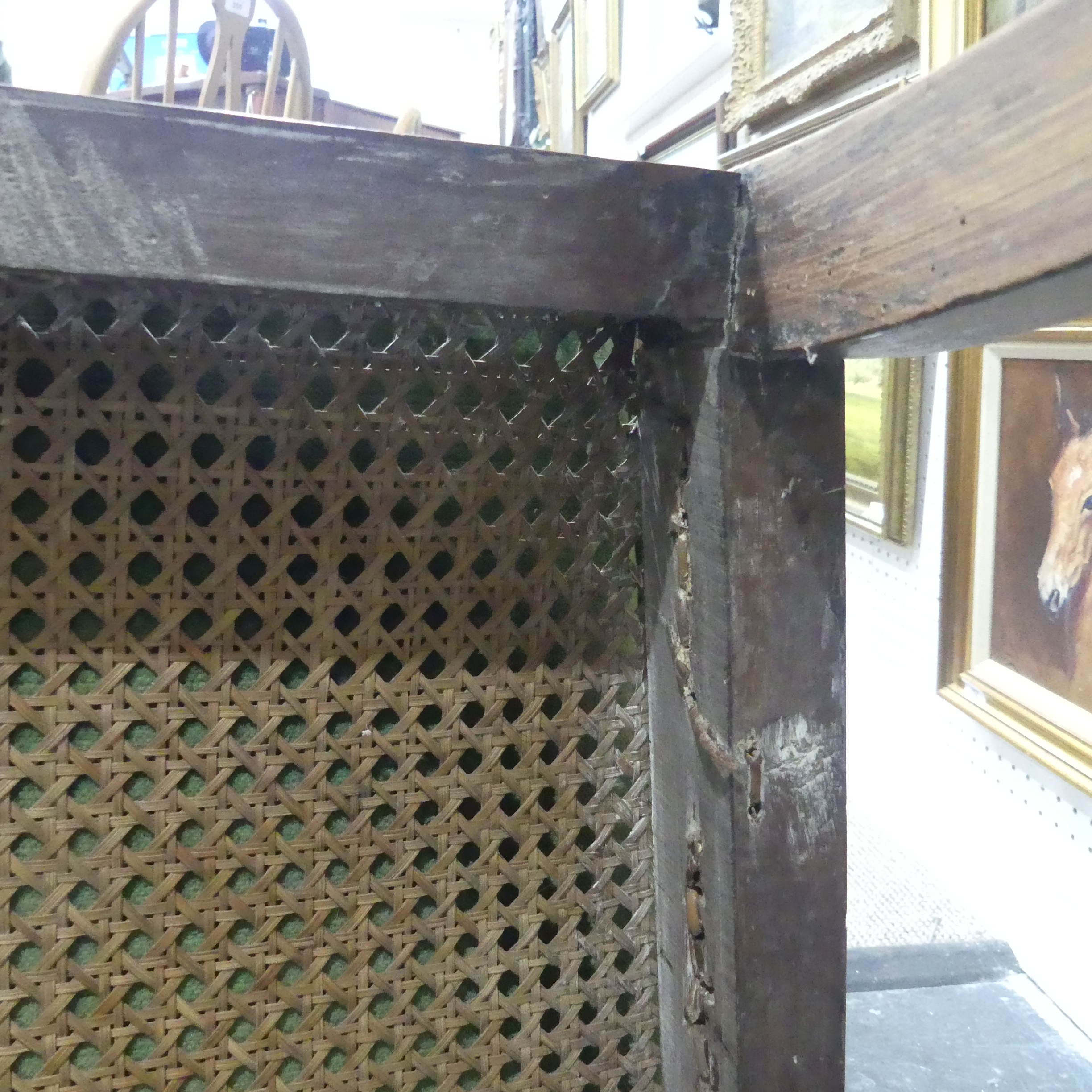 A Victorian pitch pine framed Armchair, with stick back and scroll arms, upholstered green armrests, - Bild 9 aus 15