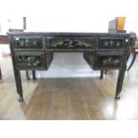 An Early 20thC kneehole Desk, with Chinoiserie decoration, five drawers raised on square legs, W