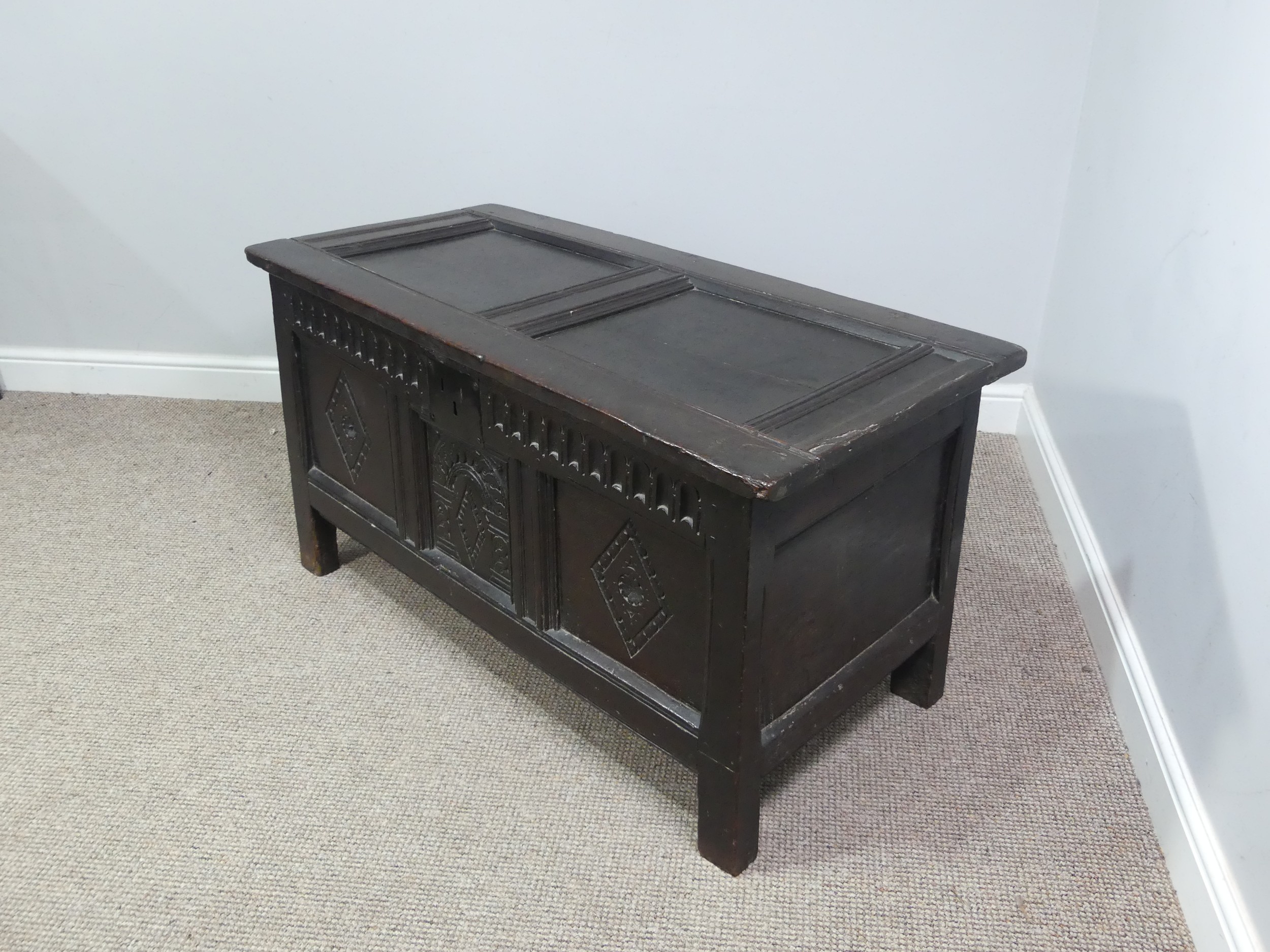 A 17th century oak three panel Coffer, the front with carved panels below a carved frieze, on square - Bild 10 aus 15