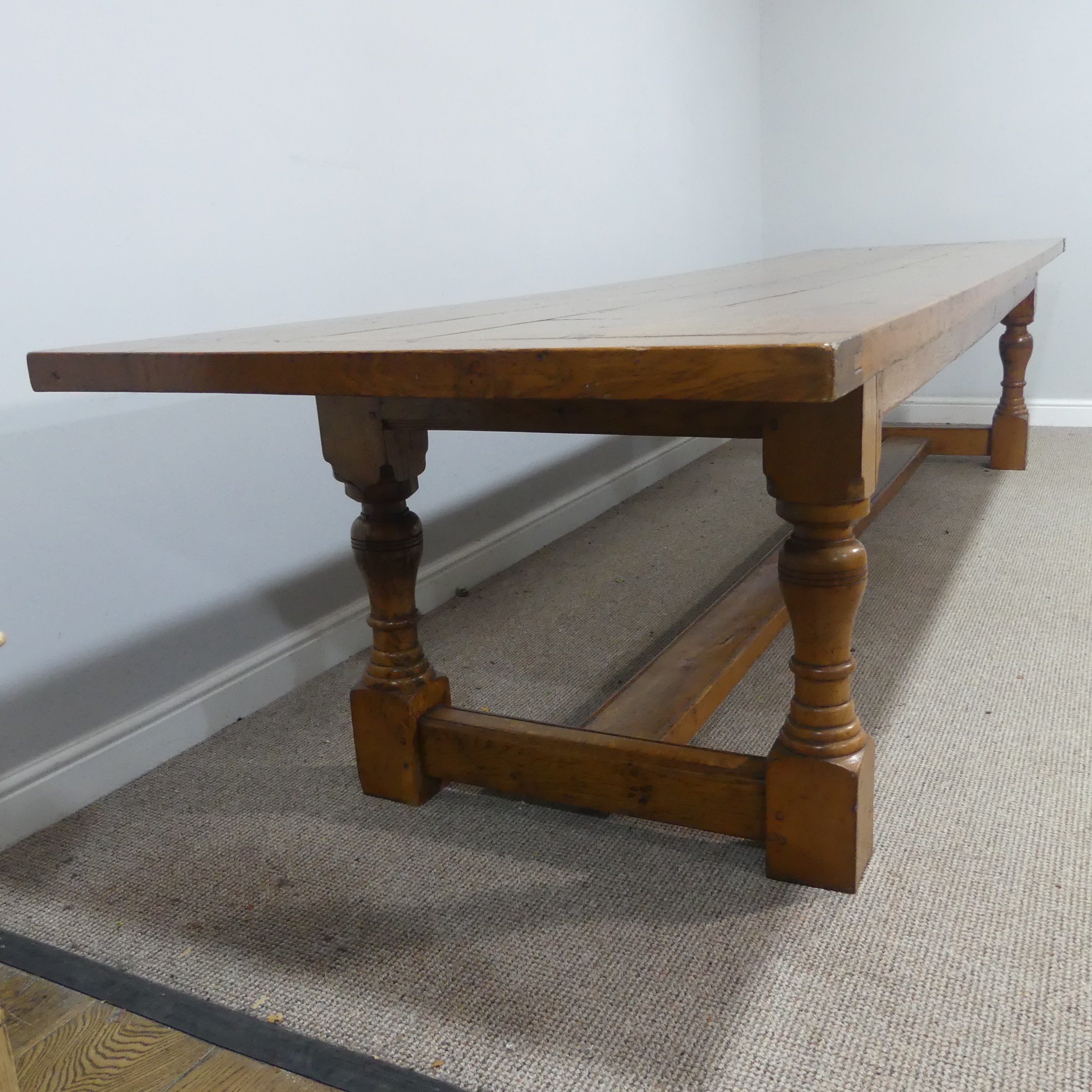 An Early 20thC oak refectory Dining Table, large rectangular four plank top with cleated ends, - Bild 3 aus 5