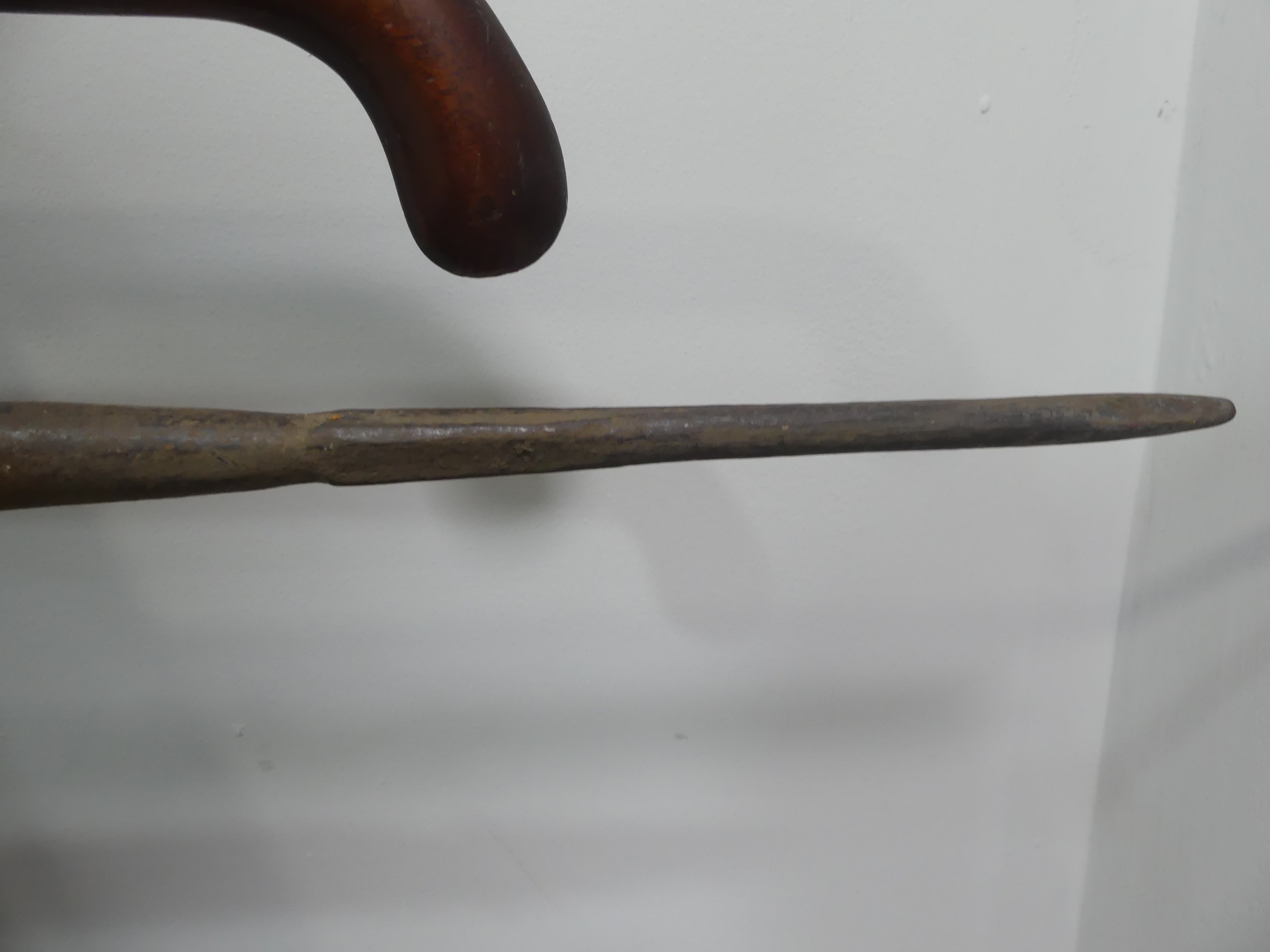 An Edwardian mahogany wall-mounted Stick Stand, with six pairs of hooks, W:51cm x H:61cm, together - Image 5 of 17