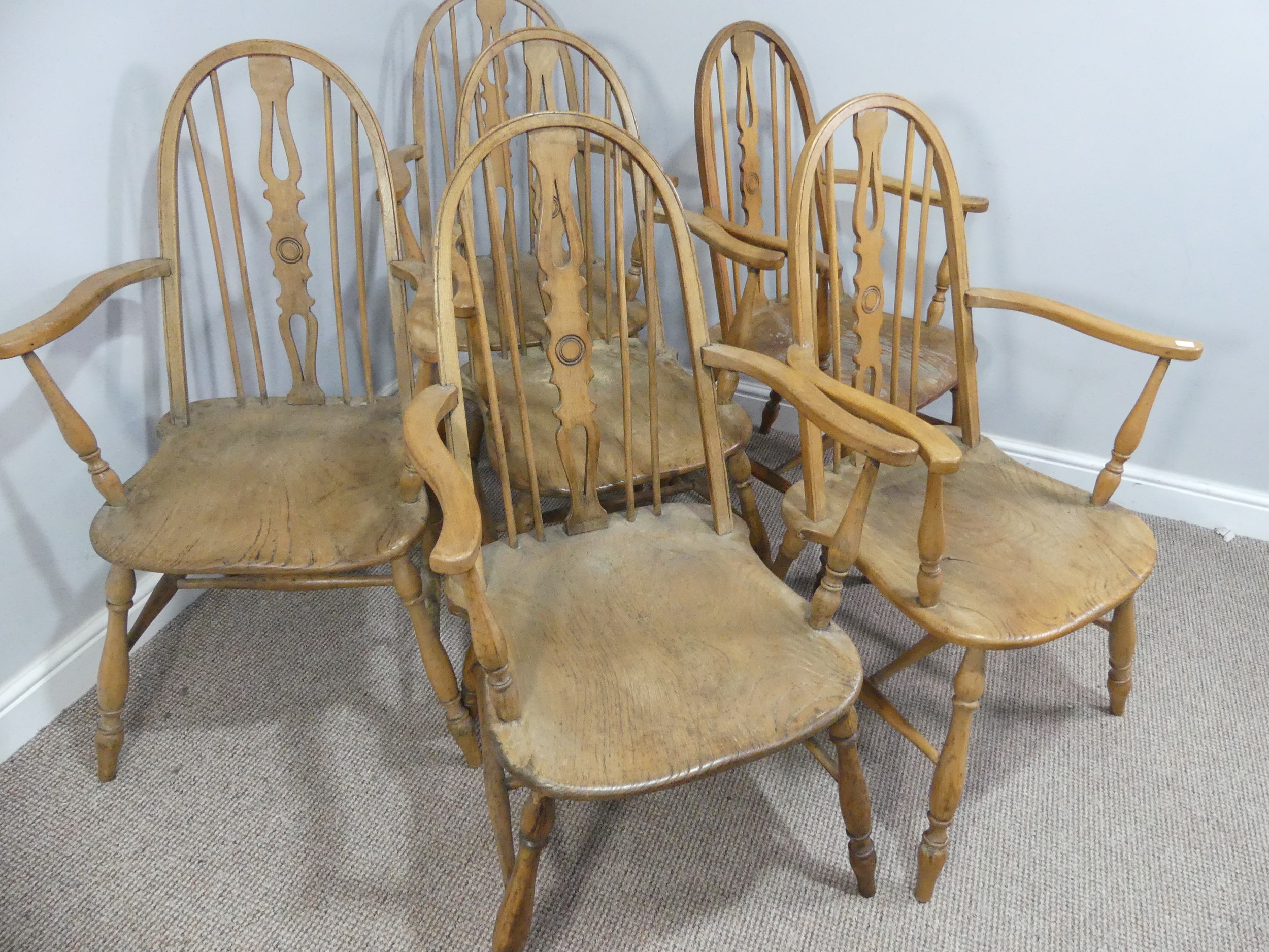 A set of six ash and elm Windsor Armchairs, with hoop backs, W 59cm x H 100cm x D 56cm (6) - Image 3 of 13
