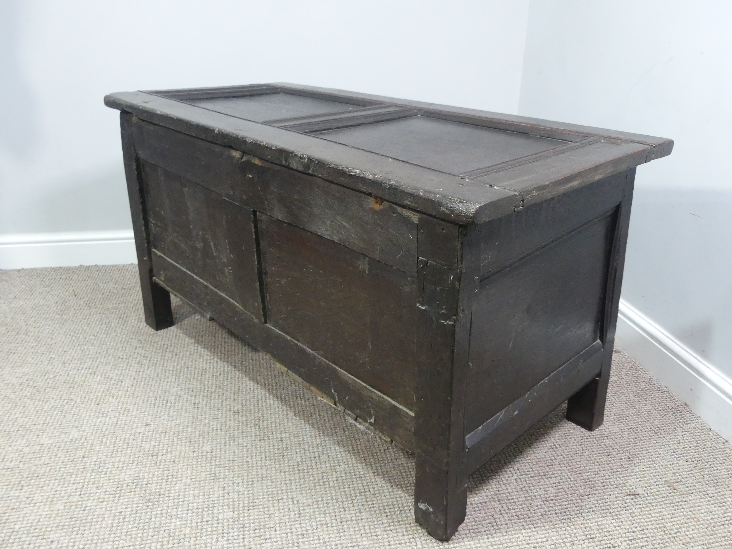 A 17th century oak three panel Coffer, the front with carved panels below a carved frieze, on square - Bild 15 aus 15
