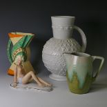 A Wagner & Apel figure of a Nude, together with a Myott pottery Bow Jug, an Art Deco jug and a large