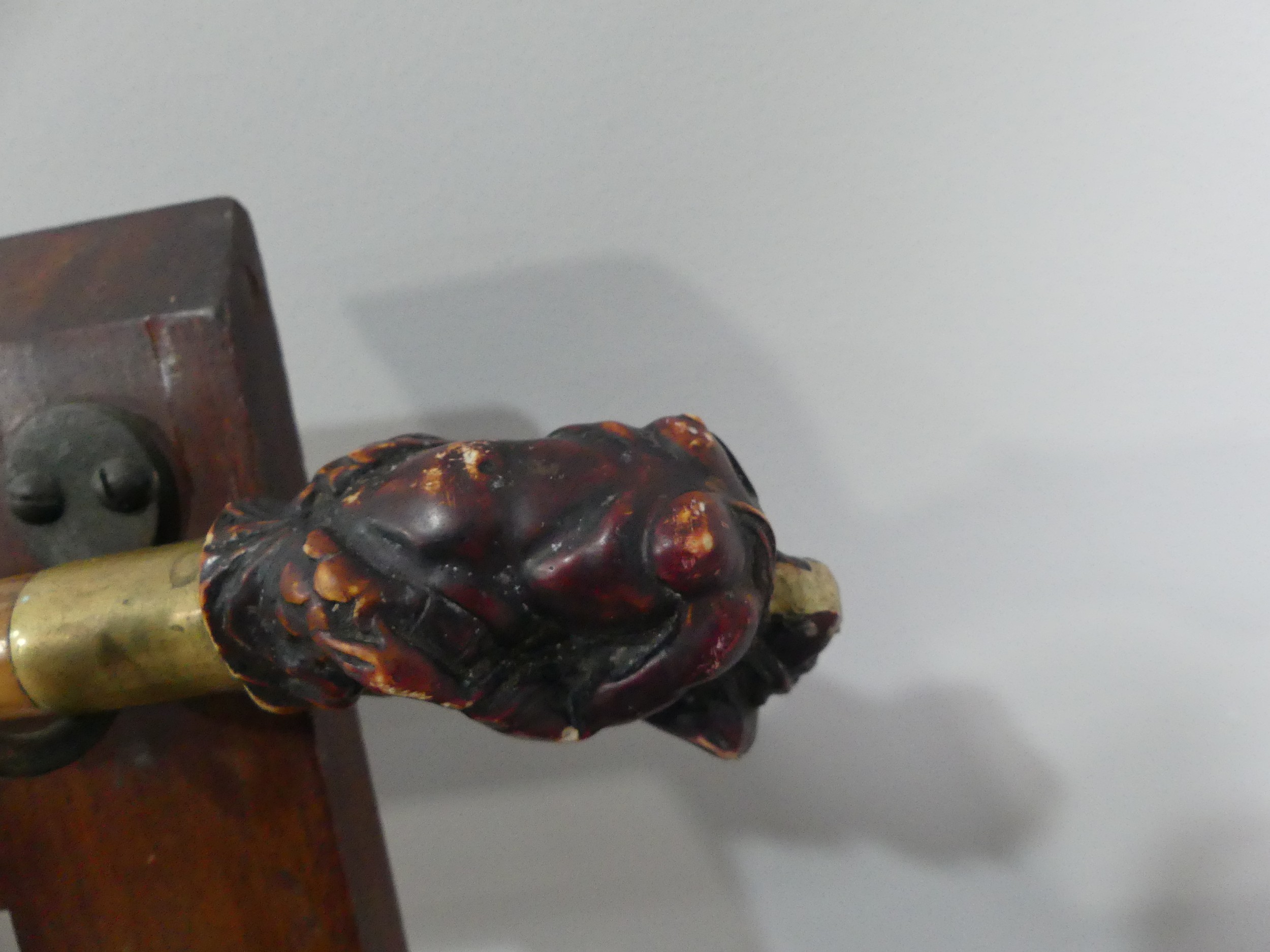 An Edwardian mahogany wall-mounted Stick Stand, with six pairs of hooks, W:51cm x H:61cm, together - Image 14 of 17