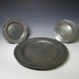 A set of six mid 18thC pewter Plates, with touchmarks for Stynt Duncombe, 23.3cm diameter, as found,