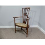 An Edwardian mahogany Sheraton Revival Open Armchair, the fan back with central inlaid rosette