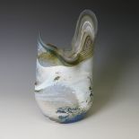 A Lesley Clarke studio glass Vase, of abstract shape, decorated in nautical colours, with incised