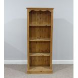 A modern pine open Bookcase, with three fixed shelves, W 61cm x D 29cm x H 154cm.