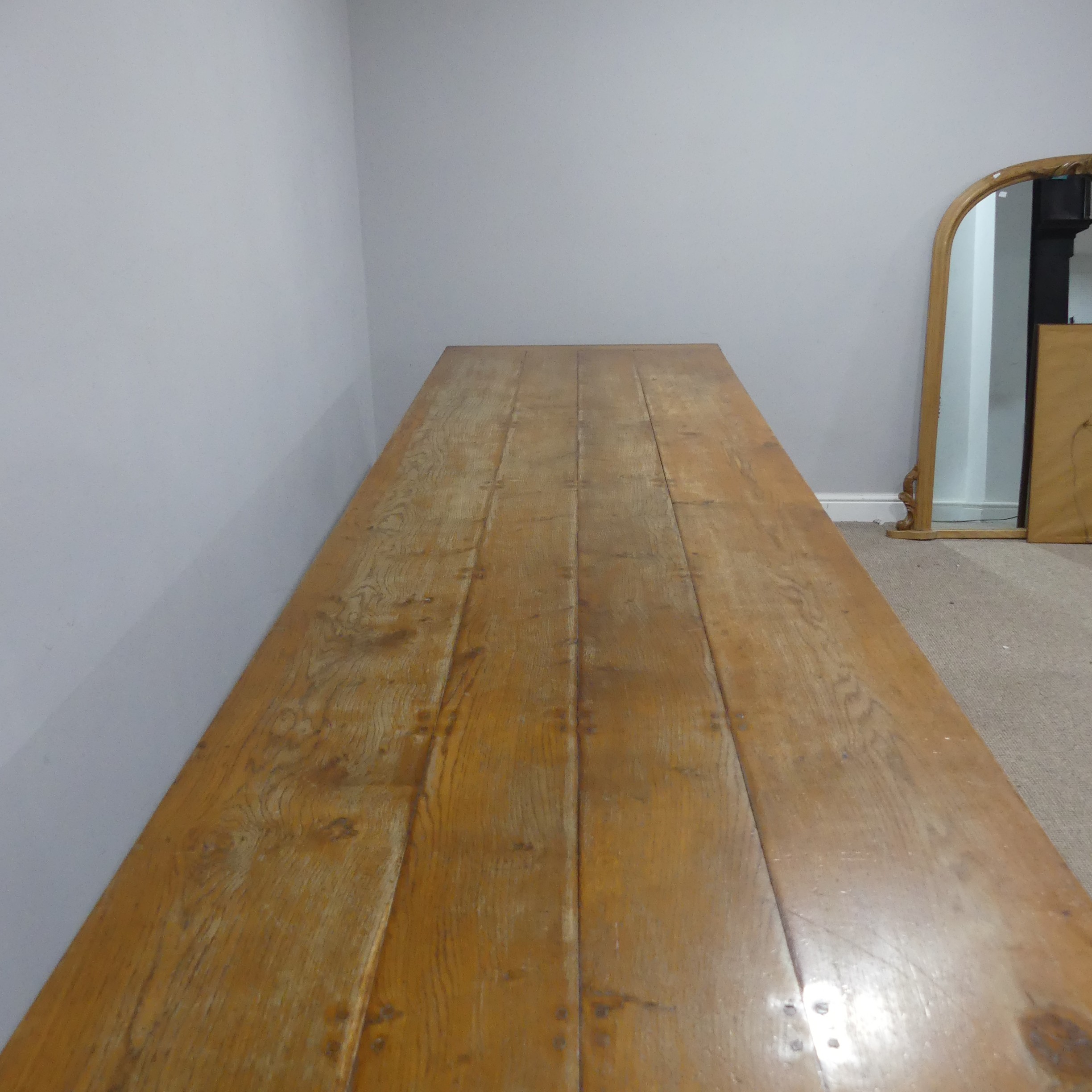 An Early 20thC oak refectory Dining Table, large rectangular four plank top with cleated ends, - Bild 5 aus 5
