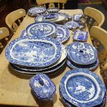 A large quantity of antique Staffordshire willow pattern Meat Platters, comprising ten, largest L