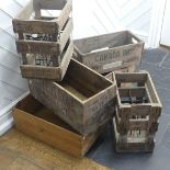 Six vintage wooden Bottle Crates, for cider and wine, each stamped with makers names and places,