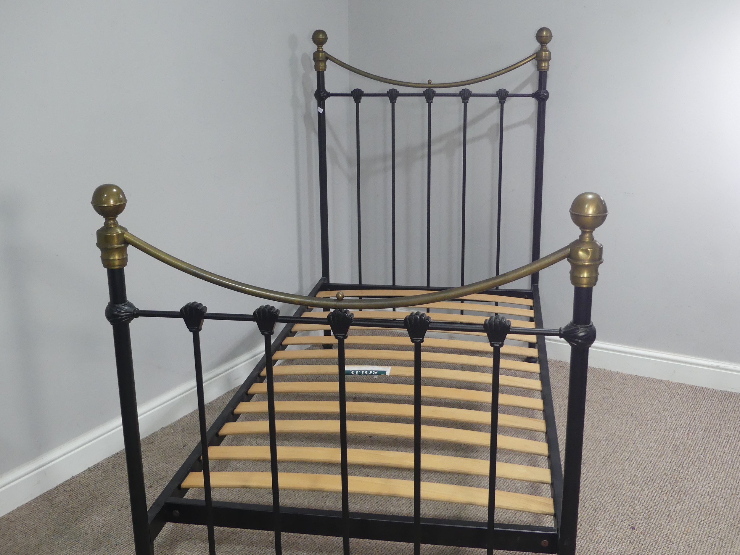 A Victorian style brass and steel single Bed Frame, W 198cm x D 90cm x H 136cm.