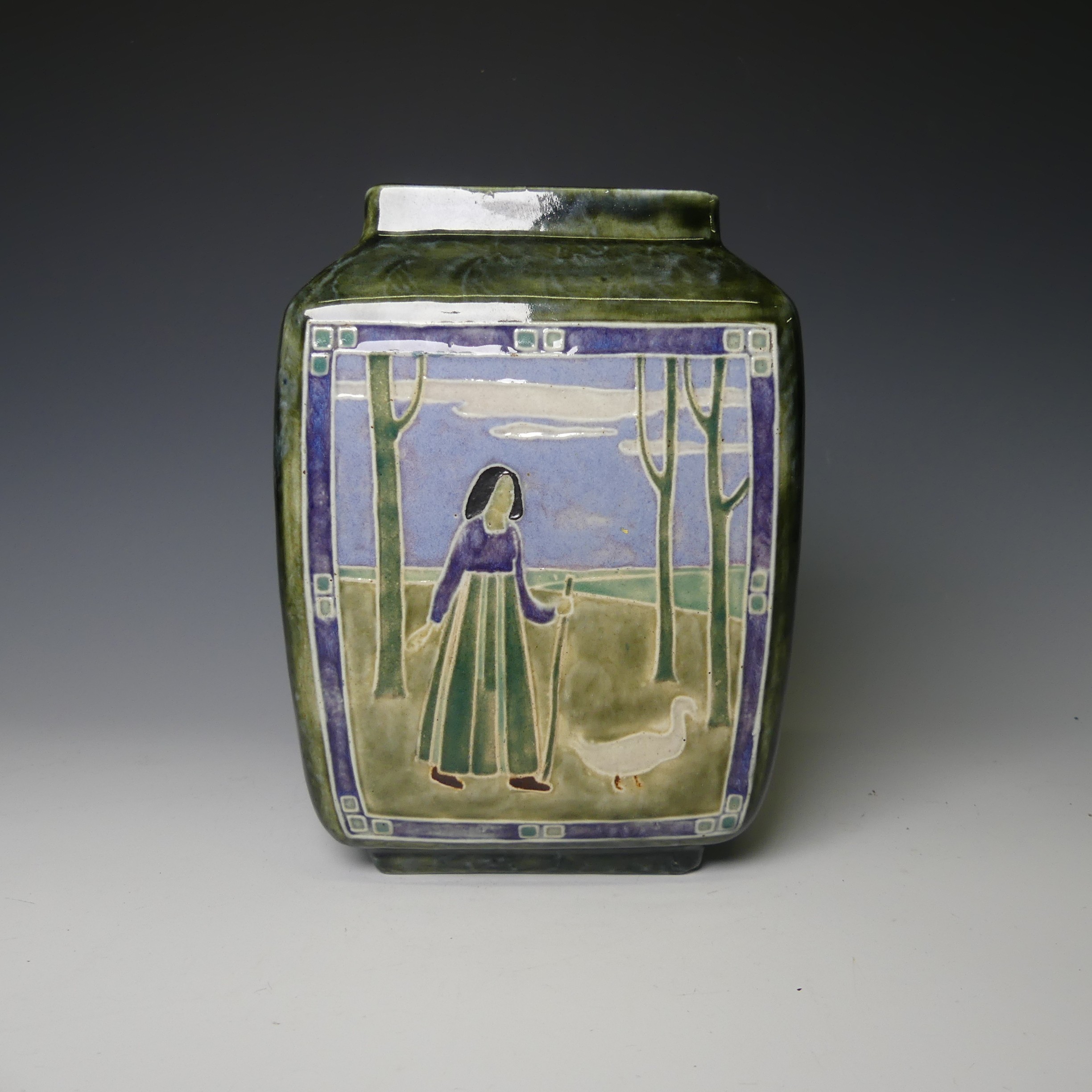 Leslie Harradine (1887-1965) for Royal Doulton, a stoneware Art Nouveau square Vase, depicting a - Image 3 of 6