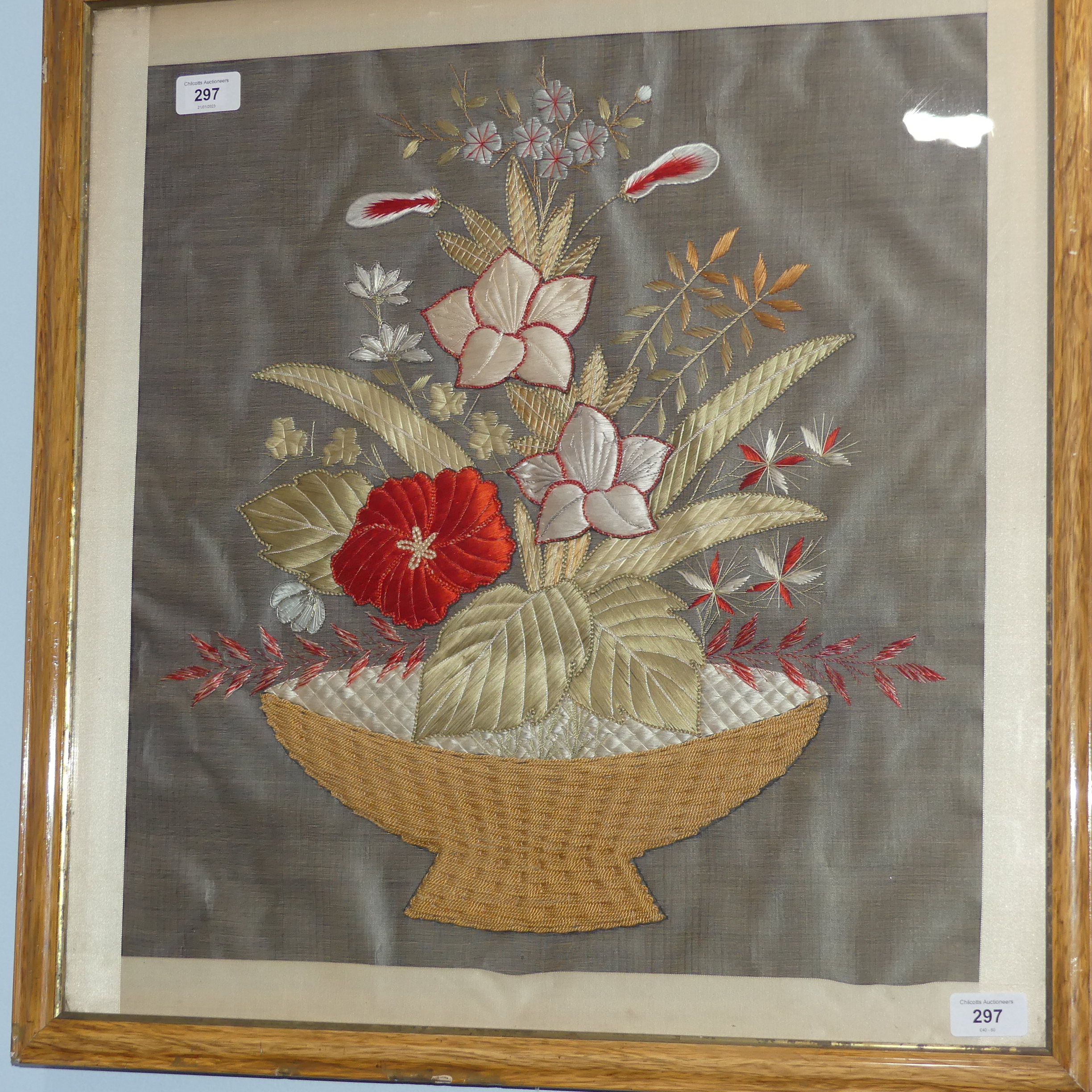 A pair of silk embroidery Pictures, depicting baskets of flowers, 48cm x 46cm, framed (2) - Image 2 of 5