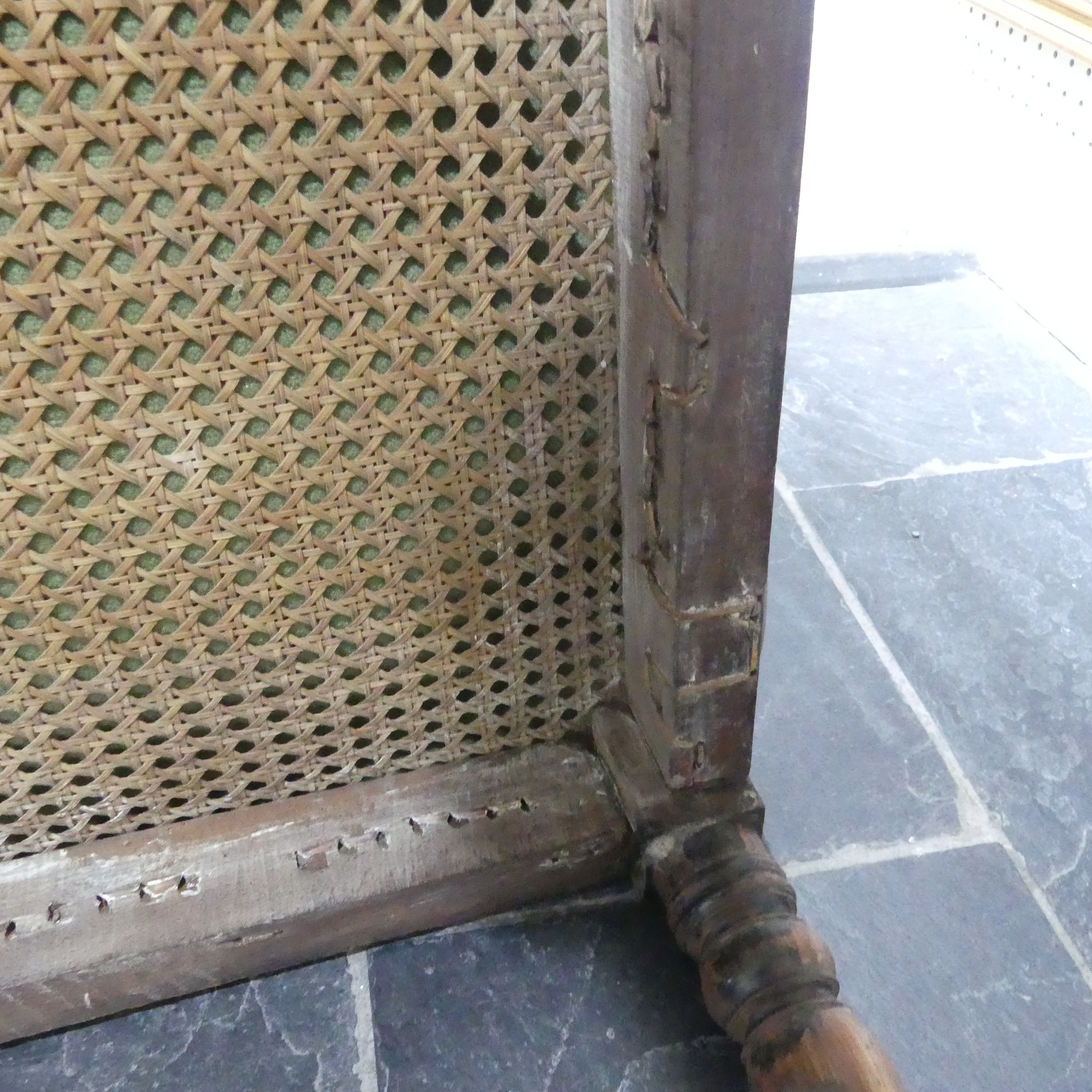 A Victorian pitch pine framed Armchair, with stick back and scroll arms, upholstered green armrests, - Bild 10 aus 15