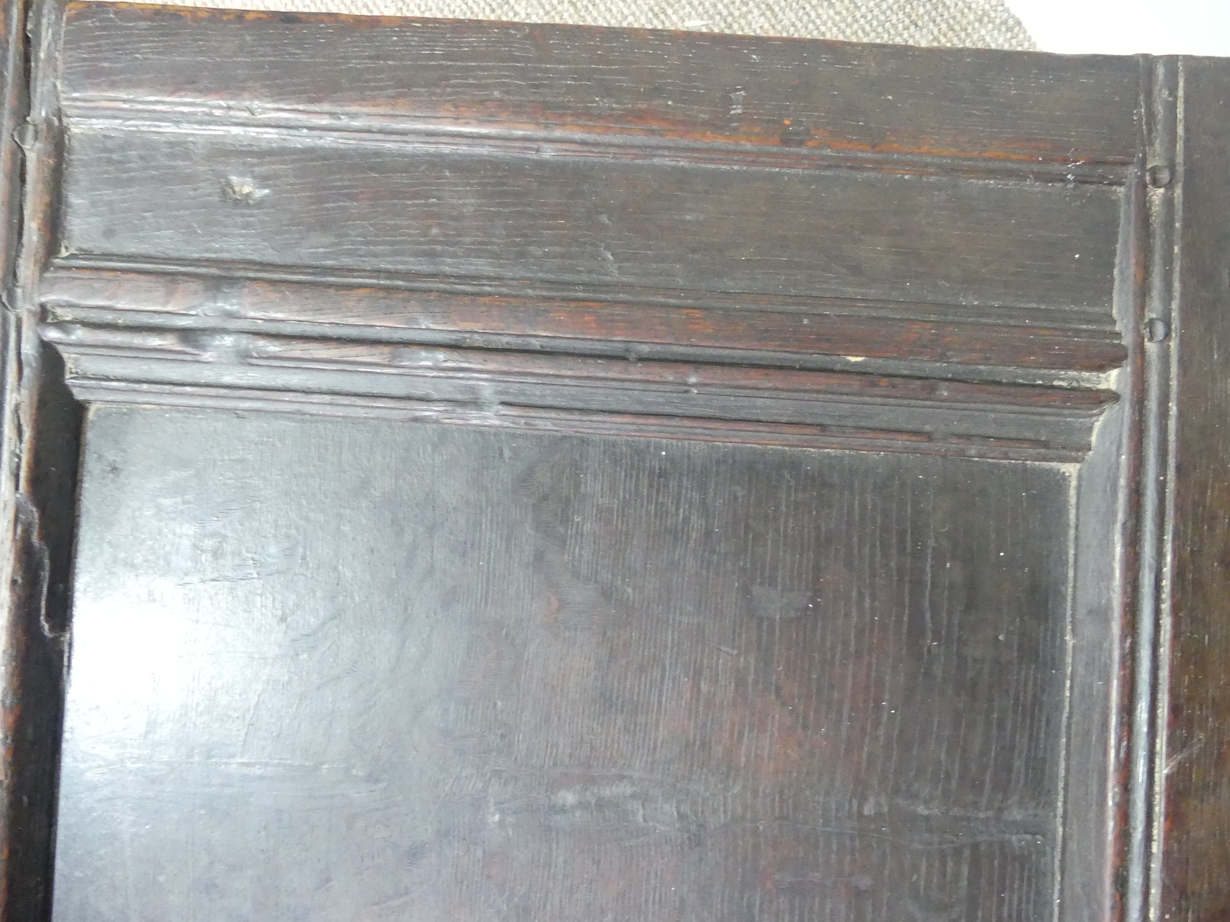 A 17th century oak three panel Coffer, the front with carved panels below a carved frieze, on square - Bild 8 aus 15