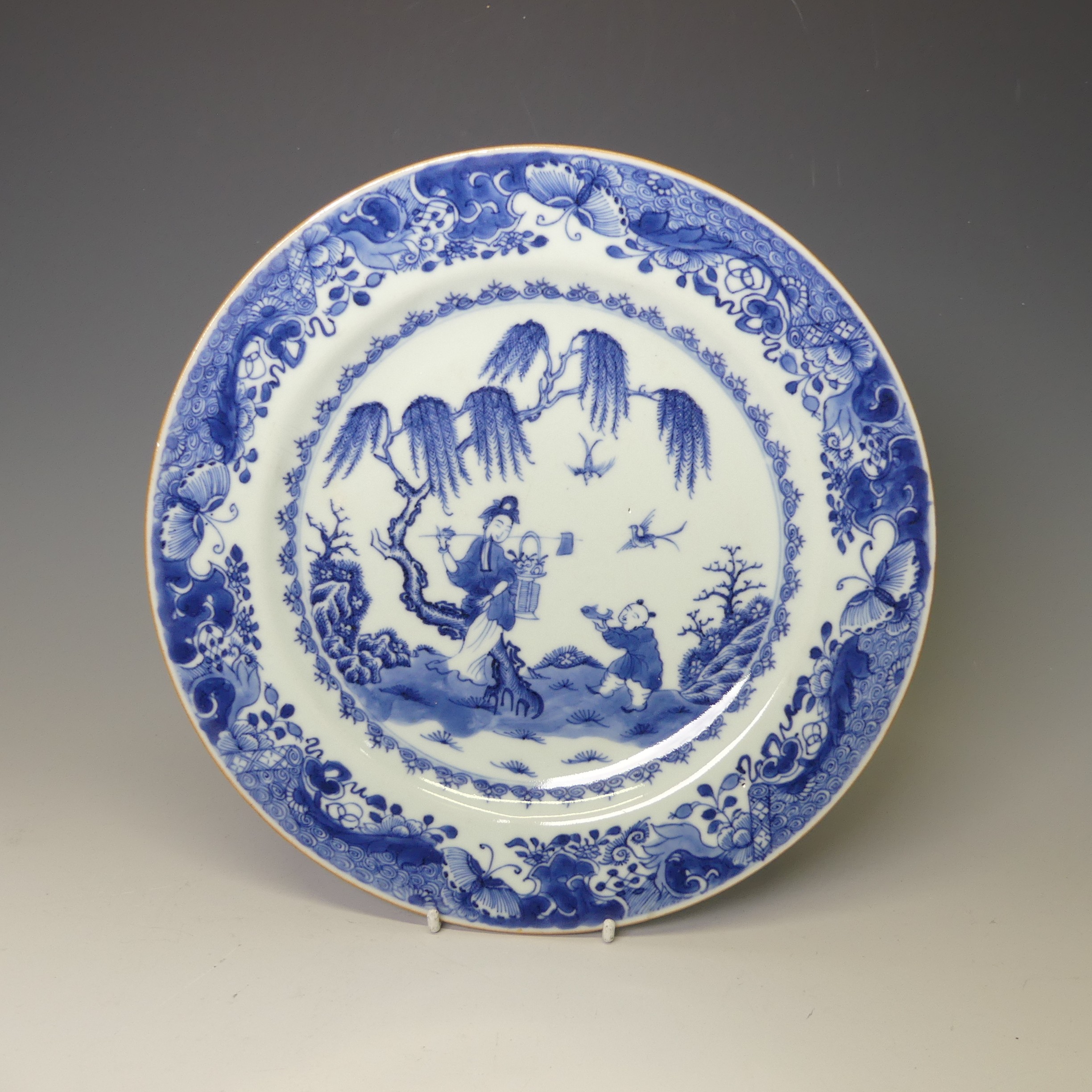 A set of five antique Chinese blue and white Dinner Plates, decorated with central pagoda and lake - Image 2 of 10
