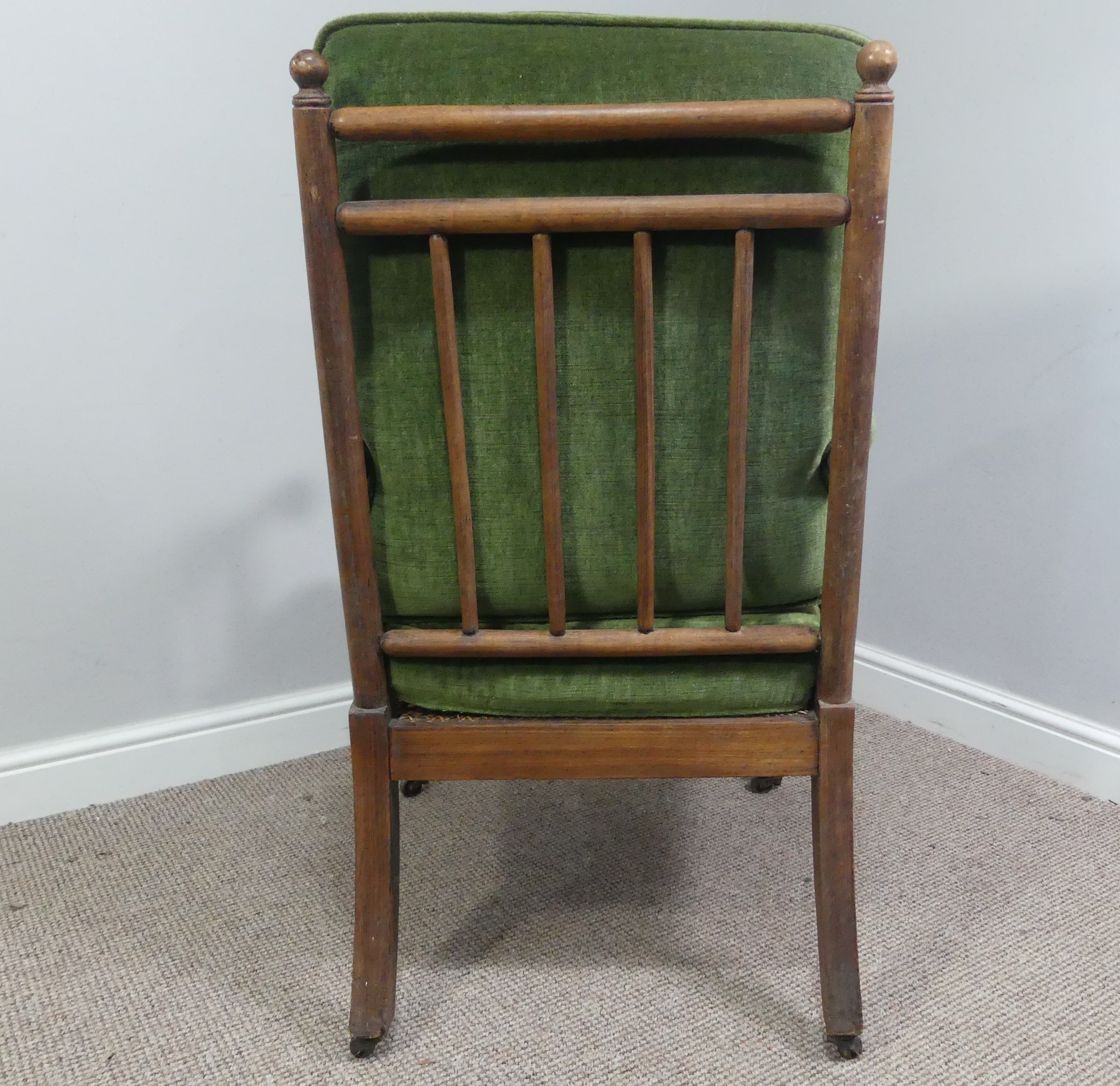 A Victorian pitch pine framed Armchair, with stick back and scroll arms, upholstered green armrests, - Bild 13 aus 15