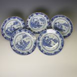 A set of five antique Chinese blue and white Dinner Plates, decorated with central pagoda and lake