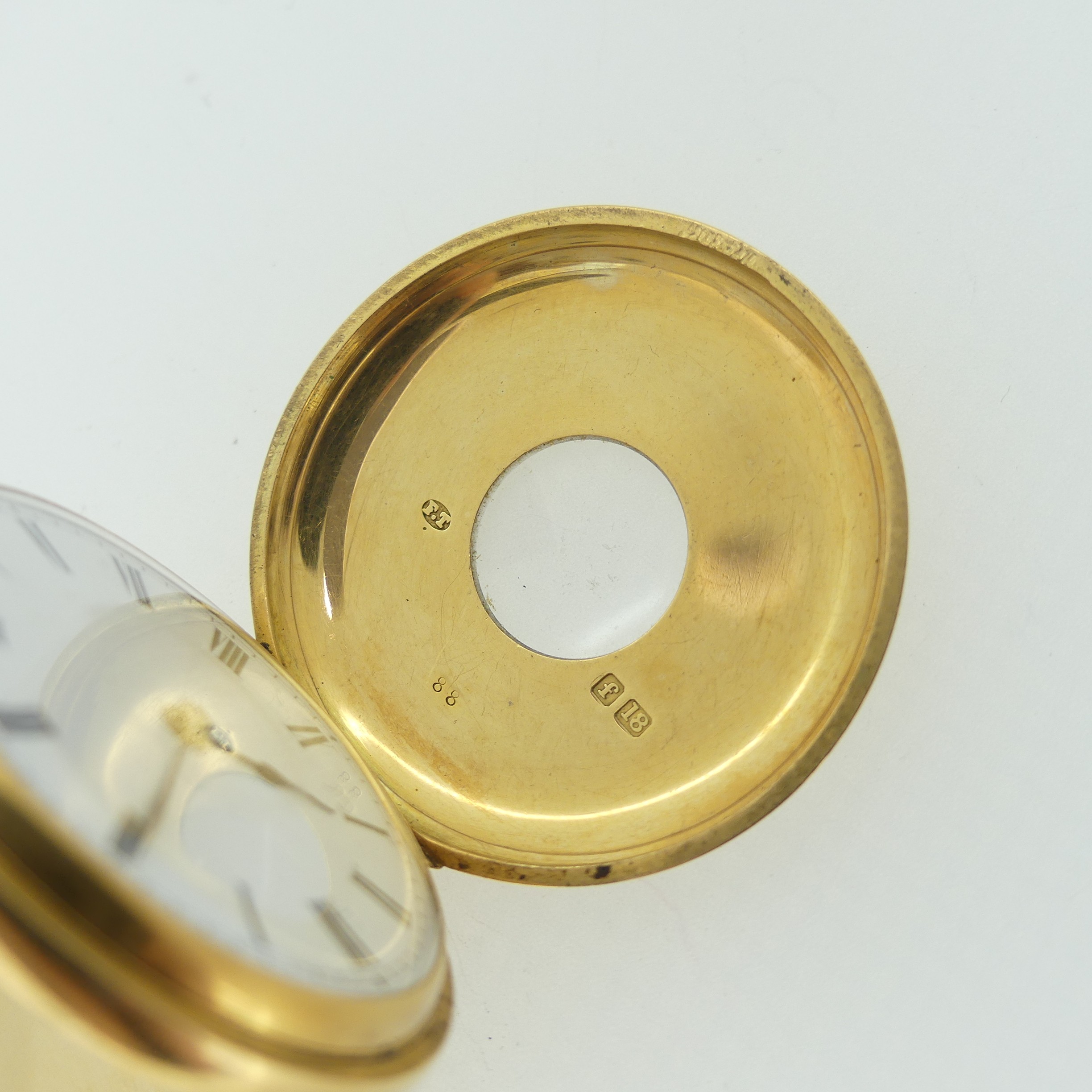 An early 20th century 18ct gold half hunter Pocket Watch, with 18ct gold cuvette cover, the enamel - Image 7 of 17