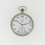 An Omega chrome open face keyless Pocket Watch, retailed by A. E. Turner, Oxford, the white enamel