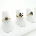 A small sapphire and diamond cluster Ring, mounted in 9ct yellow gold, Size N, together with two