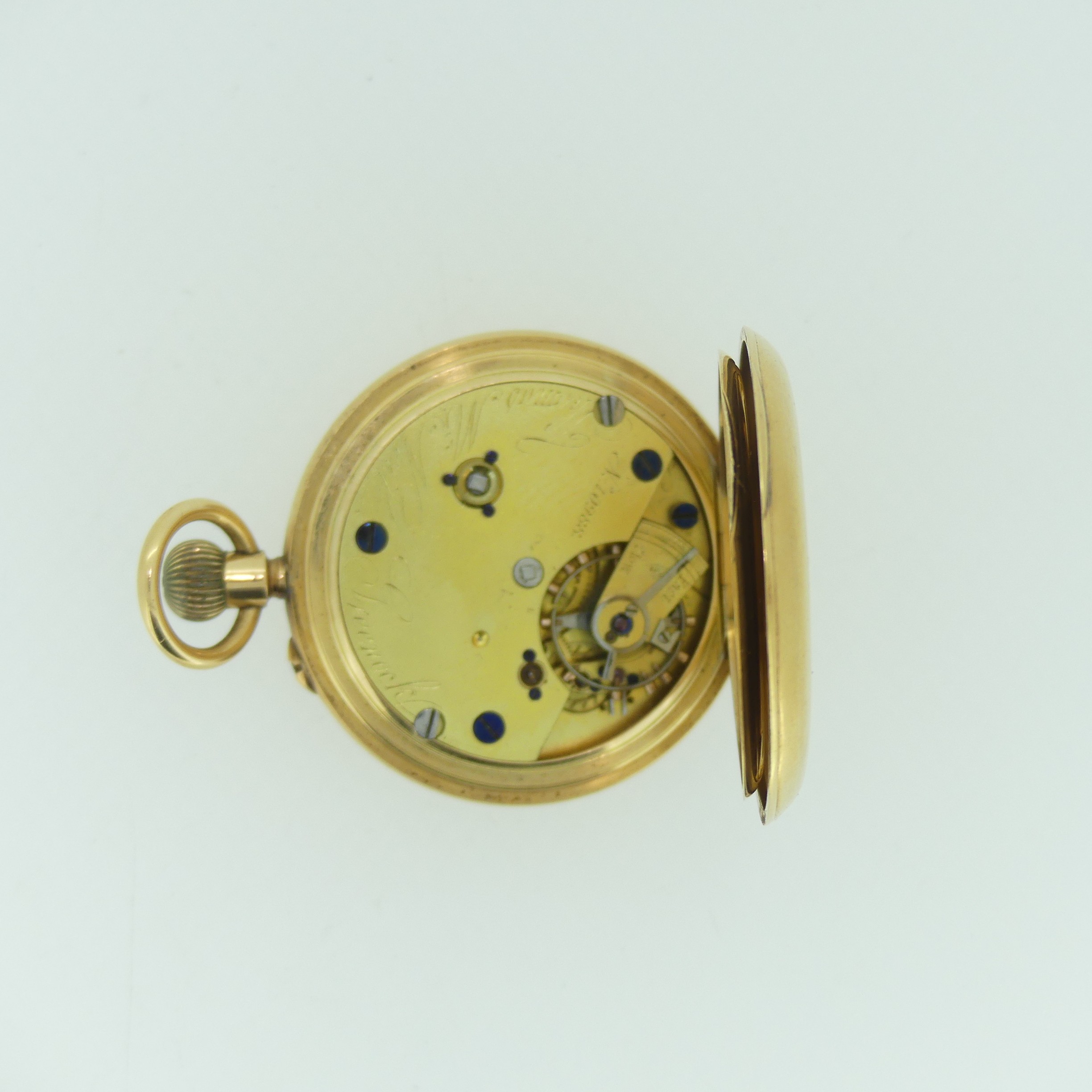 An early 20th century 18ct gold half hunter Pocket Watch, with 18ct gold cuvette cover, the enamel - Image 3 of 17