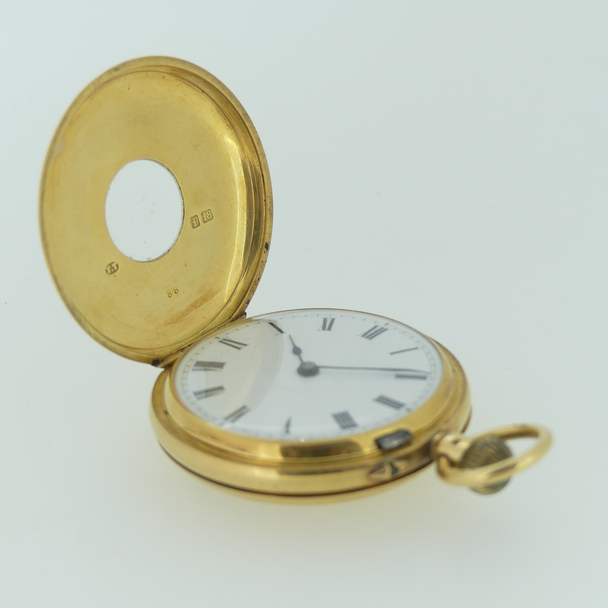An early 20th century 18ct gold half hunter Pocket Watch, with 18ct gold cuvette cover, the enamel - Image 17 of 17