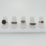 A 9ct gold garnet cluster Ring, Size O, together with a small ruby five stone ring, Size P½, a small