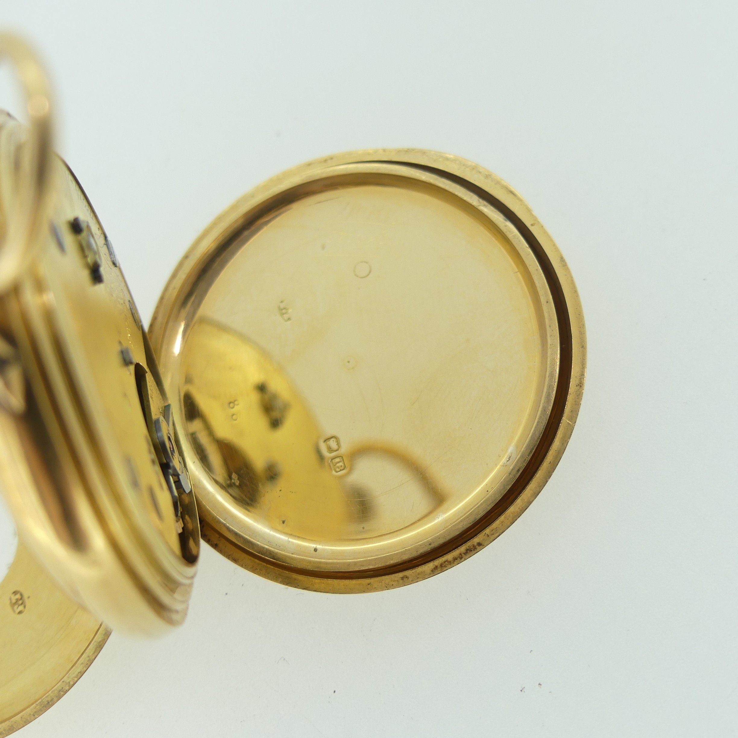 An early 20th century 18ct gold half hunter Pocket Watch, with 18ct gold cuvette cover, the enamel - Image 6 of 17