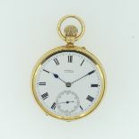 An 18ct gold open face keyless Pocket Watch, the white enamel dial with black Roman numerals and