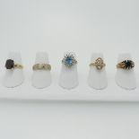 A 9ct gold, topaz and diamond cluster Ring, Size J, together with two 9ct gold rings set white paste