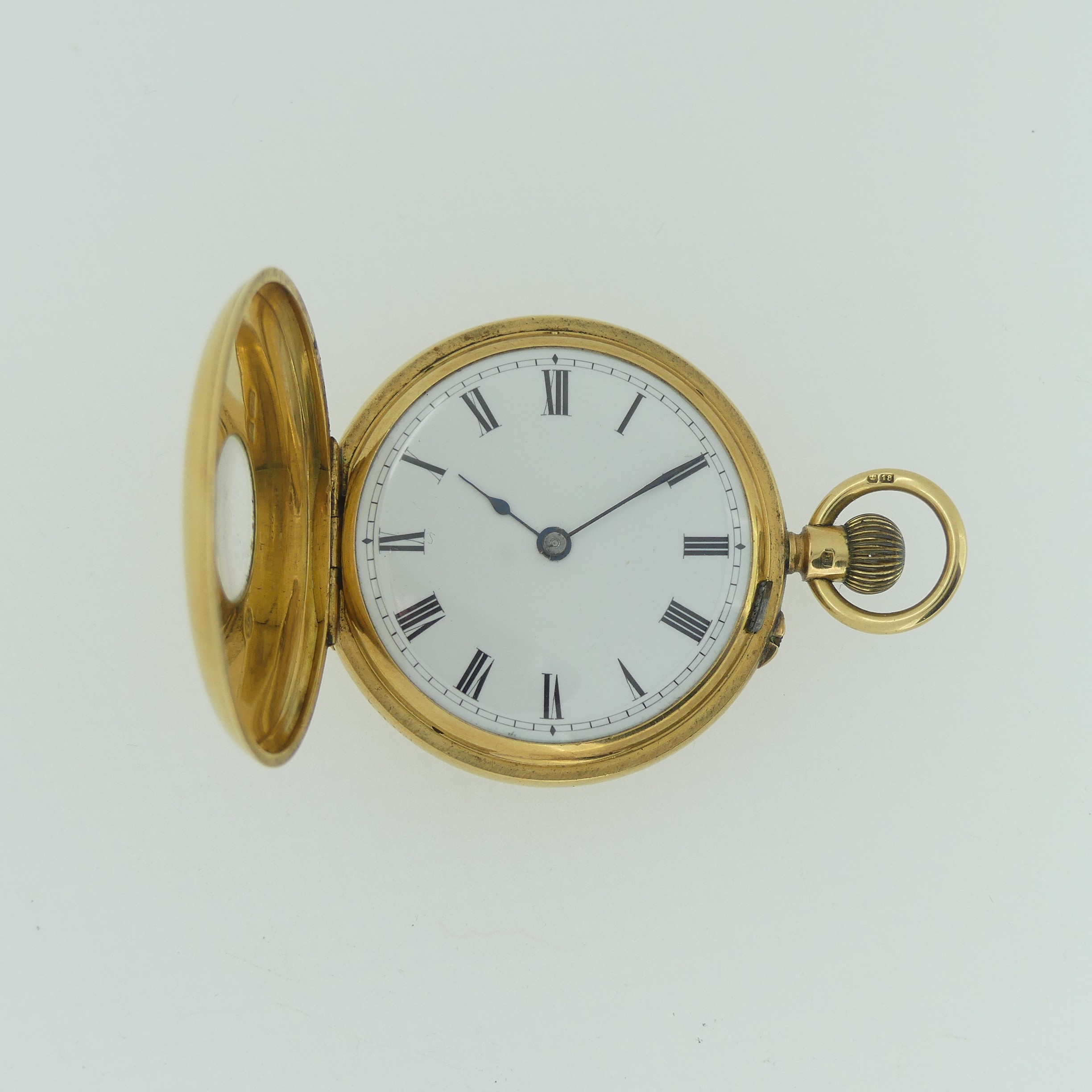 An early 20th century 18ct gold half hunter Pocket Watch, with 18ct gold cuvette cover, the enamel - Image 15 of 17
