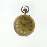 A Continental 14k yellow gold Fob Watch, with scrolling foliate decoration, gilt dial with Roman