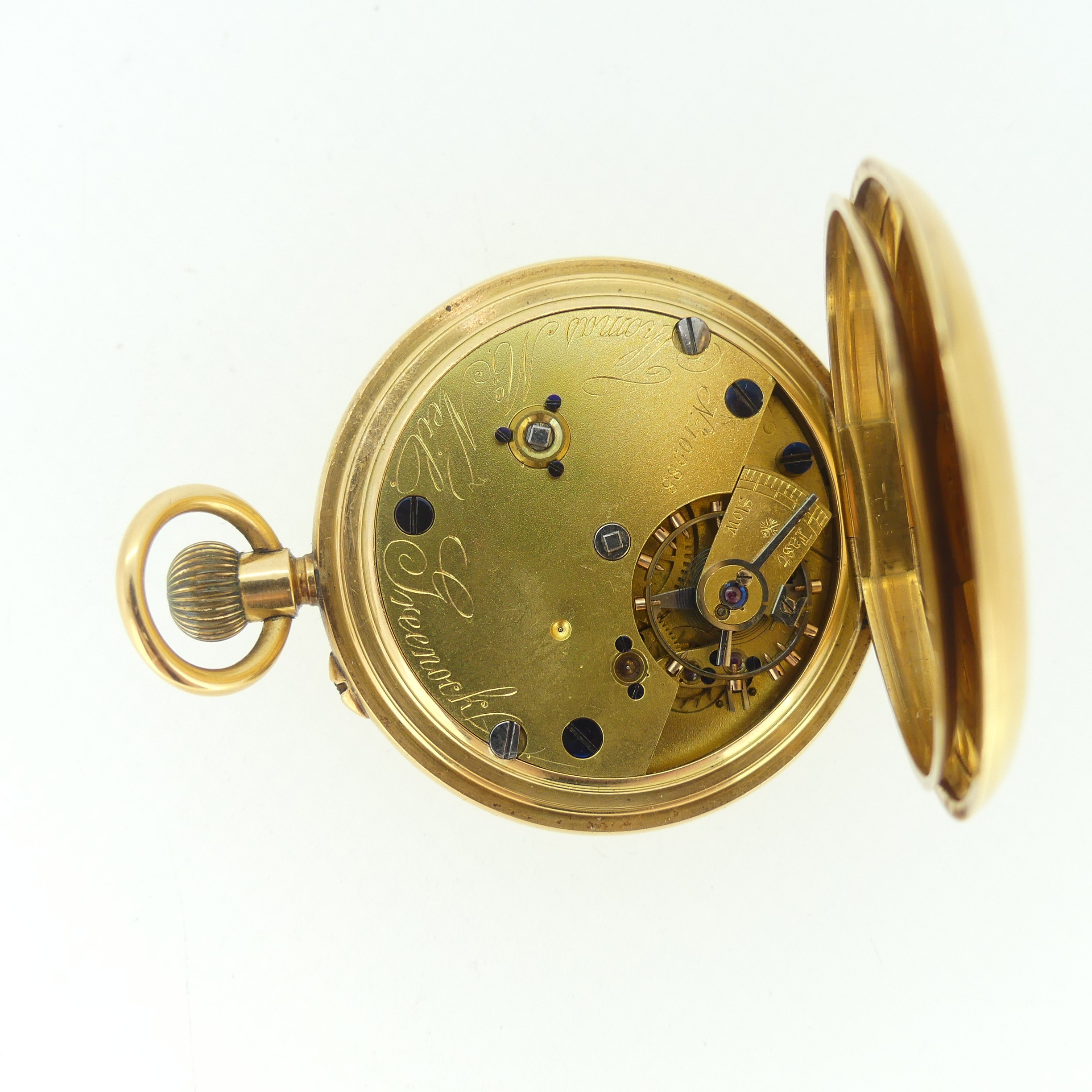 An early 20th century 18ct gold half hunter Pocket Watch, with 18ct gold cuvette cover, the enamel - Image 4 of 17