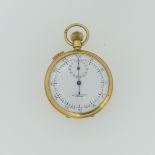 An 18ct gold open face keyless Stop Watch, Swiss movement, with 18ct cuvette cover, the white enamel