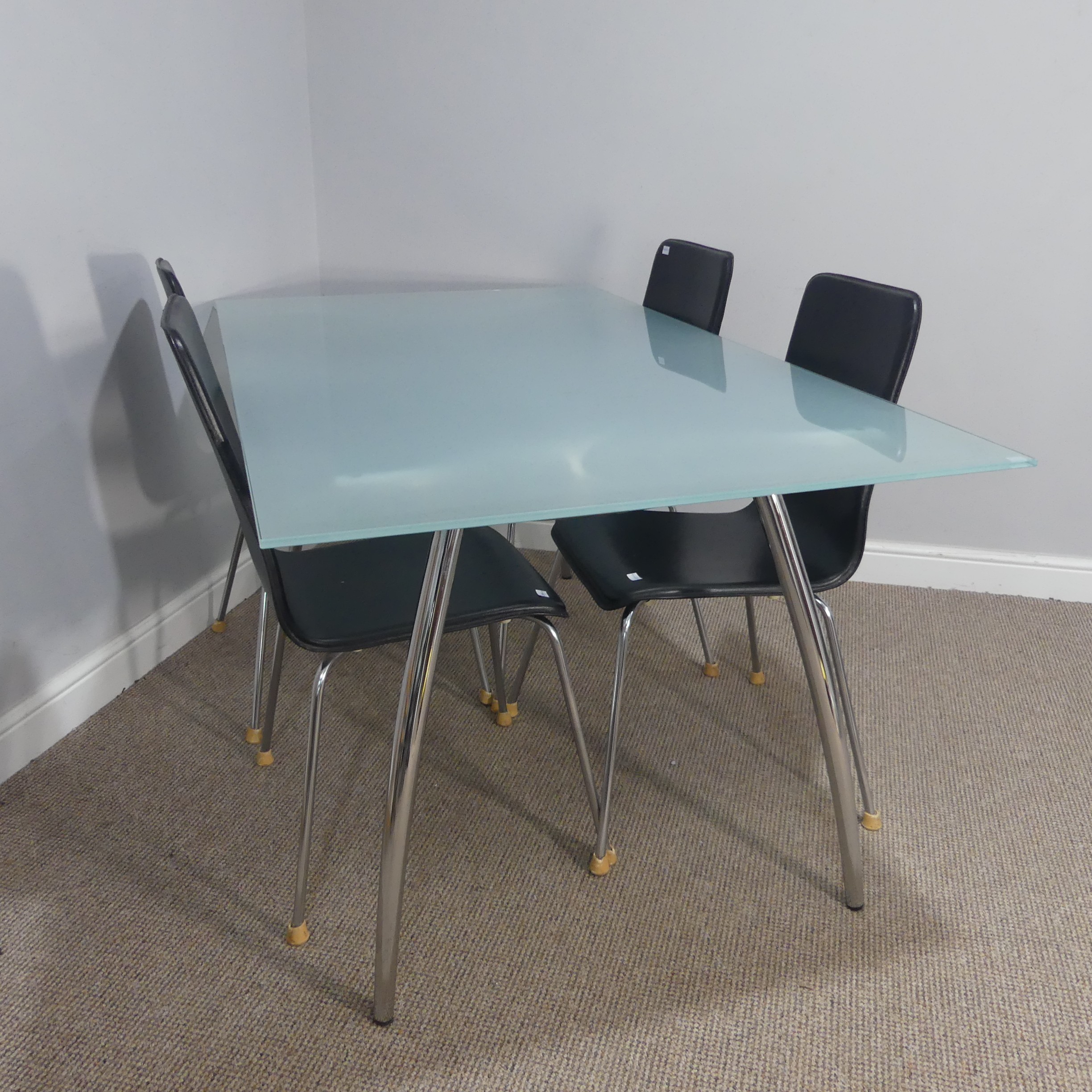 A Late 20thC chrome and frosted glass top table together with a set of four chrome and black leather - Image 2 of 12