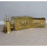 An early 20th Century hammered brass Coal Box, Fireside Companion set and Magazine Rack, coal box