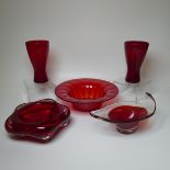 A near pair of Whitefriars glass Goblets, of ruby red colour, one with original sticker, H 18cm,