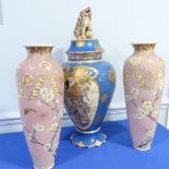 A pair of large 20thC Japanase Satsuma Vases, of pink ground with blossoming prunus decoration, H