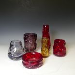 A small quantity of Whitefriars glass knobbly Vases, comprising a tall tapering Vase in ruby red,