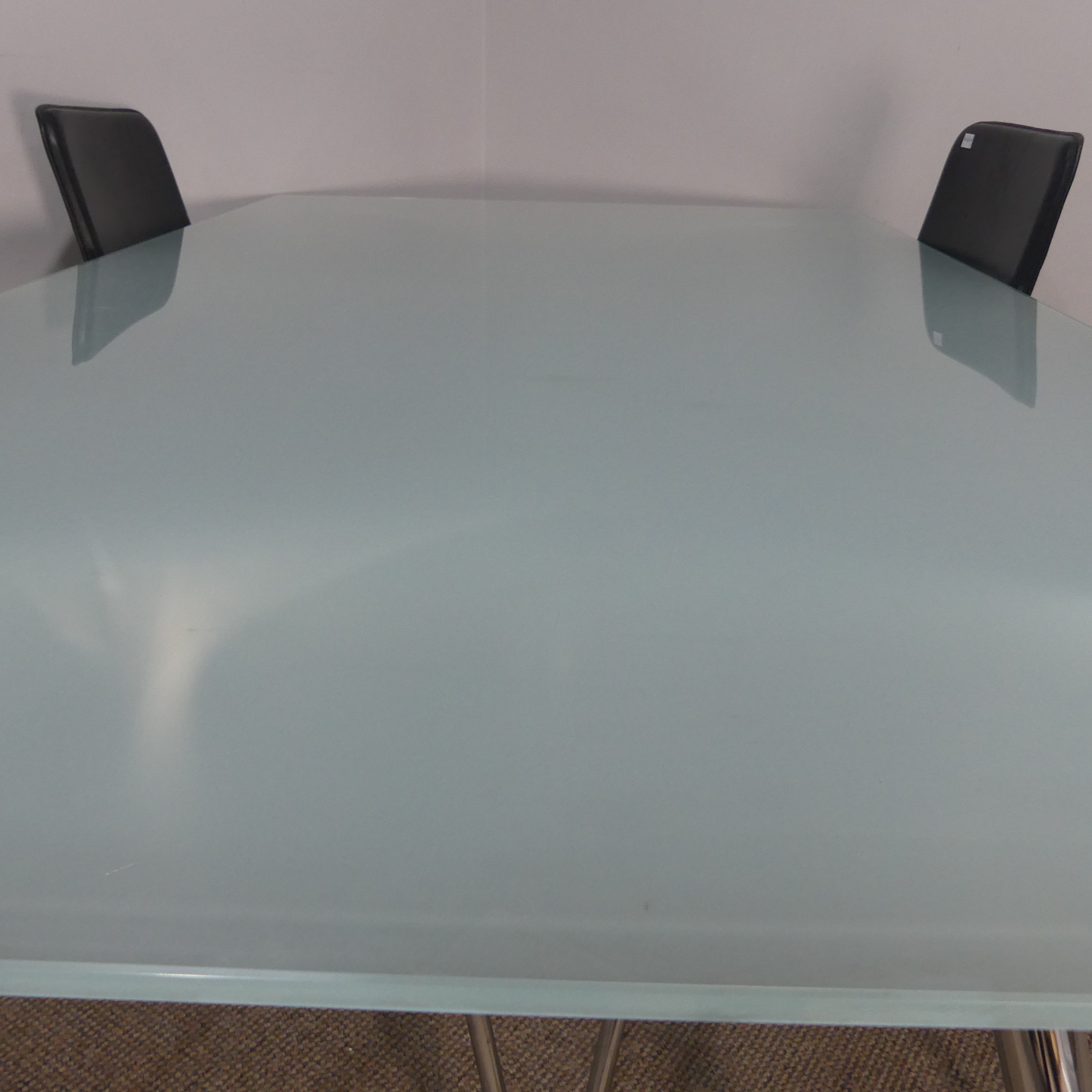 A Late 20thC chrome and frosted glass top table together with a set of four chrome and black leather - Image 3 of 12